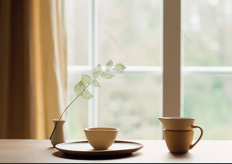 极简客厅窗台桌子上的花瓶装饰和餐具,高清,摄影图,摄影图片,图片大全,摄影图免费下载
